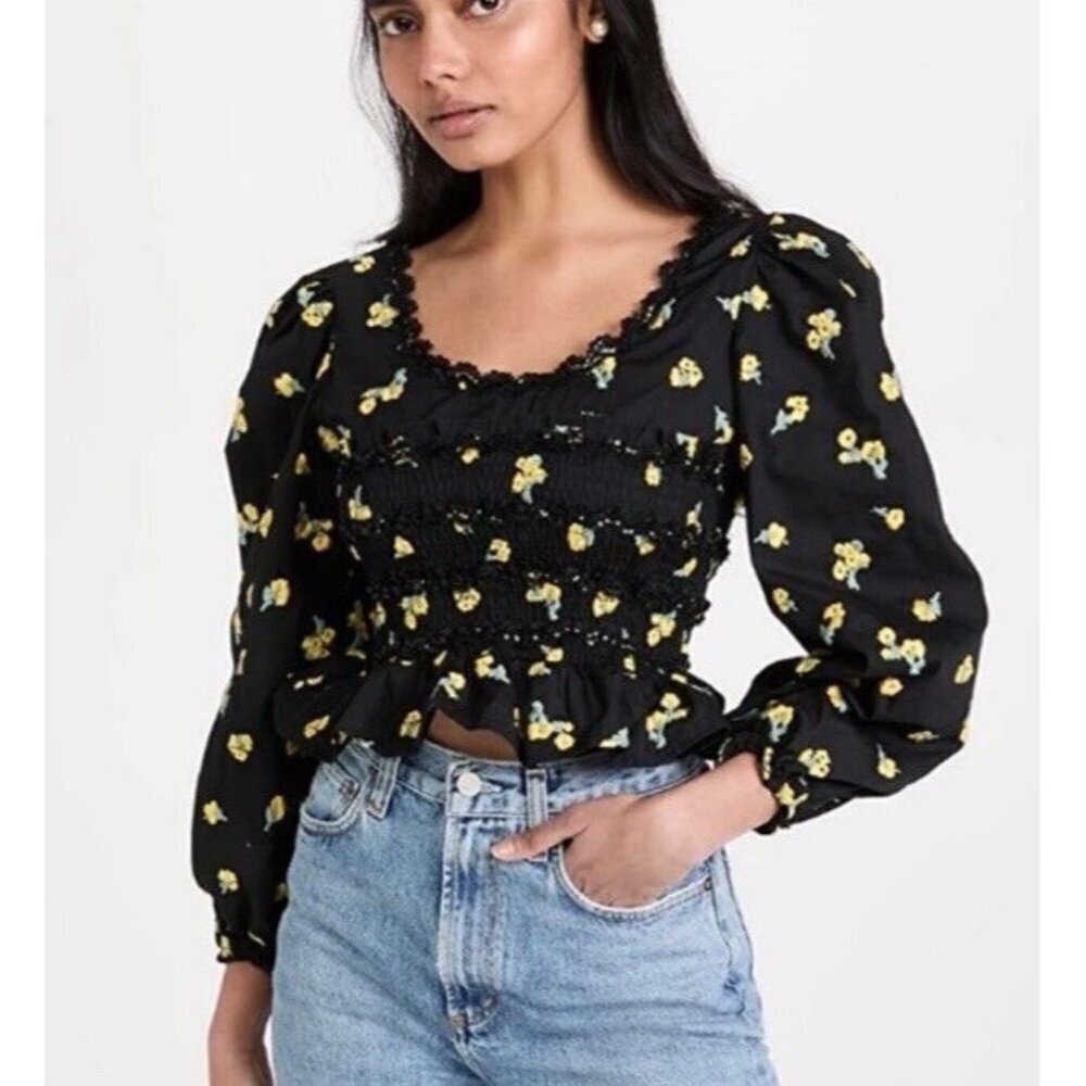 Sister Jane Dream Pasture Embroidered Puff Sleeve Smocked Sequin Top Size XS NEW